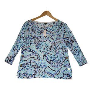Talbots Knit Top Womens P Petite Beachy Coastal Preppy‎ Blue White Pullover